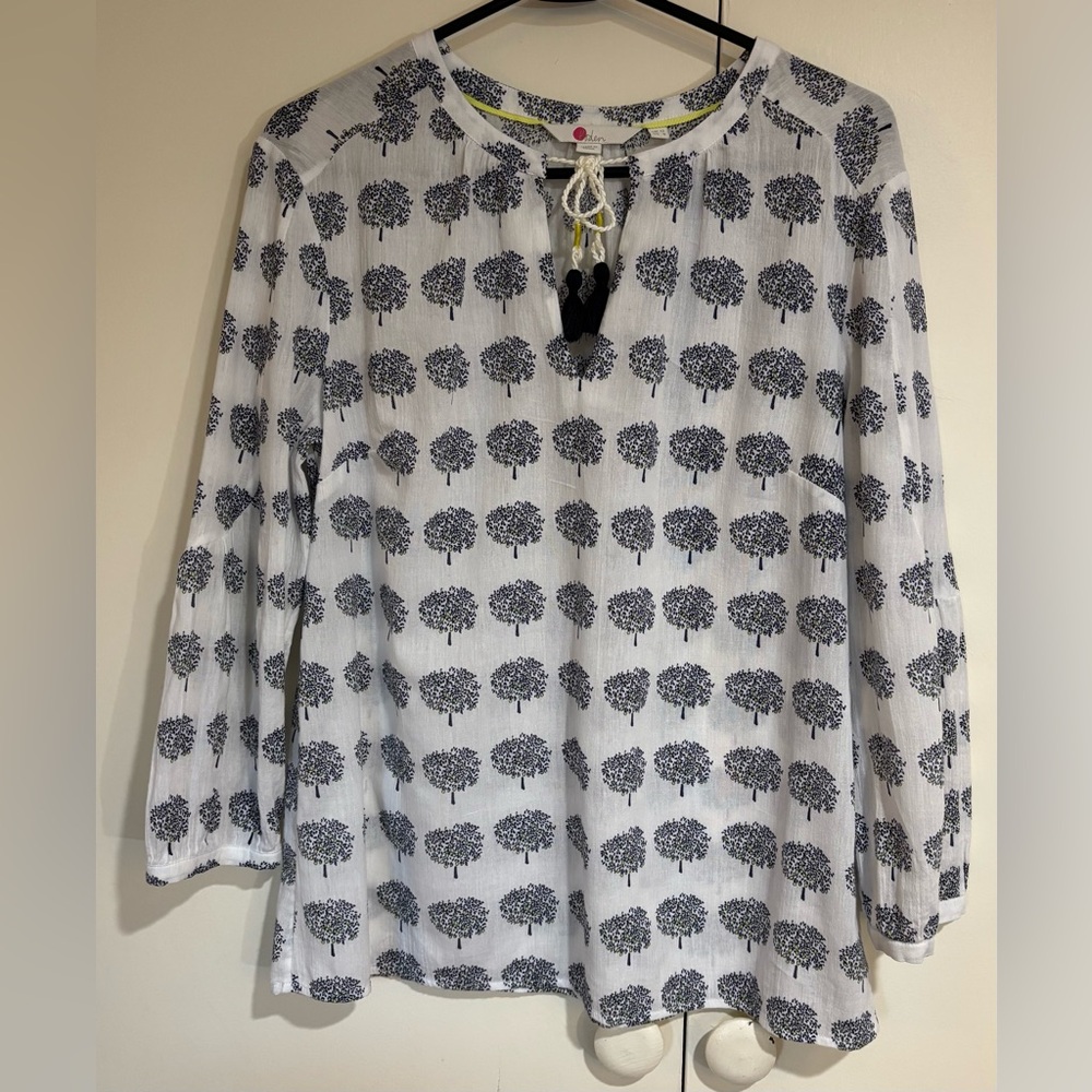 BODEN cotton long sleeve BOTANICAL PRINT blouse WHITE/NAVY size 8